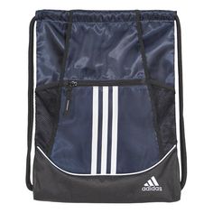 a blue adidas bag with white stripes