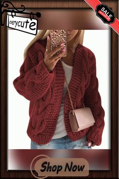 Rust Red Chunky Wide Short Style Knitted Cardigan Fall Cable Knit Acrylic Cardigan, Fall Acrylic Cable Knit Cardigan, Red Knitted V-neck Outerwear, Red Knit Sweater Coat For Winter, Winter Knit Cardigan, Hand Knitted V-neck Sweater For Fall, Red Knitted Sweater Coat For Winter, Fall Knit Sweater Coat, Trendy Red Winter Cardigan