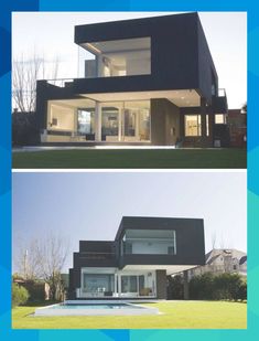 two pictures of the same house in different stages of being built, one is black and the other is white