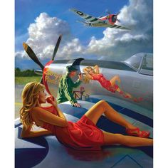 a painting of a woman laying on the ground next to a man in an airplane