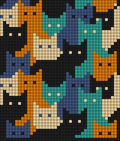 a cross stitch pattern with black cats and orange, blue, and green colors on it