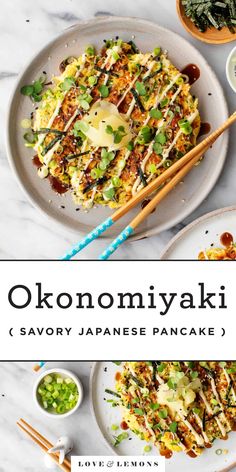 two plates with food and chopsticks sitting on a marble counter top next to the words okonomiyaki savory japanese pancake