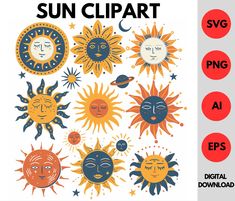 the sun clipart is shown with different faces