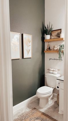 a white toilet sitting in a bathroom next to a wall with pictures on the walls