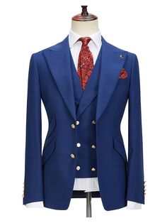 Tailored Blue Suit And Tie Accessories For Business, Dapper Business Suit With Notch Lapel, Blue Double Breasted Suit With Notch Lapel, Royal Blue Sets With Suit Collar For Formal Occasions, Blue Double Breasted Suit For Work, Fitted Double Breasted Suit With Suit Collar, Fitted Dapper Blazer For Business, Dapper Fitted Business Blazer, Dapper Fitted Blazer For Business