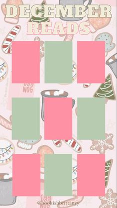 a pink and green christmas themed poster with gingerbreads, candy canes, and cookies