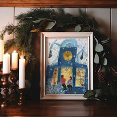 a painting on a mantle with candles in front of it and christmas decorations around the fireplace