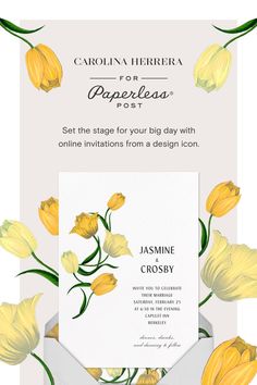 an open envelope with yellow flowers on it and the words paperless post written in white