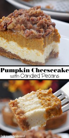 a piece of pumpkin cheesecake with candied pecans on top