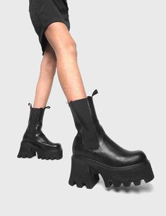 Comfy and Chunky: Wipe Out Chunky Platform Ankle Boots. Vegan-friendly, wide ankle and calf friendly, high ankle height. Stylish and ethical! Chunky Platform Shoes, Boots 2024, Prada Boots, Platform Creepers, Comfy Boots, Platform Chelsea Boots, Comfy Boot, Heel Accessories, Black Platform Boots