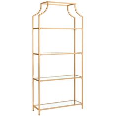 a gold metal shelf with glass shelves on each side and an arched design at the top