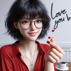 a woman with glasses holding up a heart shaped object