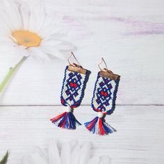 Ethno voguish earrings for her, Boho style woven bijouterie for sister, Gender neutral folk jewelry, Amazing braided gift from father Intricately braided folk or ethno style earrings with triple colord little tassels in the end. An absolutely original gift for both women and men! In three basic colors that go with everything - red, white and navy blue. The earrings are so beautiful that they fits with any outfit - elegant or everyday dress, sweater, plain tshirt and even a beach outfit.  ❤❤All w Woven Drop Earrings, Multicolor Woven Jewelry For Summer, Summer Multicolor Woven Jewelry, Traditional Macrame Earrings, Artisan Braided Jewelry Gift, Artisan Braided Jewelry For Gifts, Gift Handwoven Adjustable Beaded Earrings, White Braided Jewelry Gift, White Braided Jewelry As A Gift