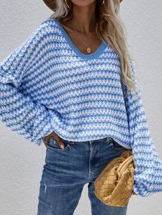 Stripe Knitwear V Neck Sweater Striped Knitwear, Plus Size Pullover, Pull Oversize, Puff Sleeve Sweater, Winter Pullover, Estilo Chic, Argyle Sweater, Plus Size Sweaters, Loose Sweater