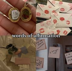 there are many different pictures with words on them and in the middle one is an open pocket watch