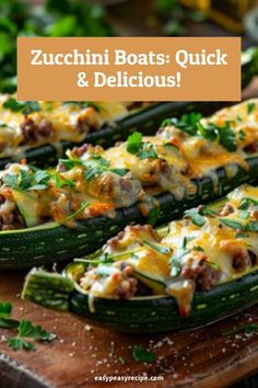 zucchini boats with cheese and meat are on a cutting board next to parsley