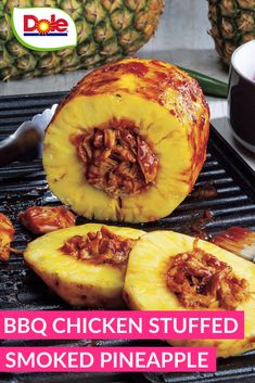 the bbq chicken stuffed pineapple has been grilled and is ready to be eaten