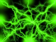 a green and black background with lots of lightening in the center, as well as many