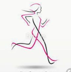 the silhouette of a woman running on a white background with pink and black lines in front of her