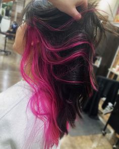 Pink Highlights Peekaboo, Peek A Boo Color Curly Hair, Dark Brown Hair With Hot Pink Underneath, Hot Pink Peak A Boo Hair, Cute Hair Colors For Dark Brown Hair, Dyed Hair Tips Brown, Brown And Pink Hair Underneath