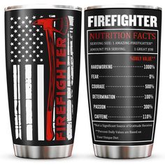 a firefighter's cup with an american flag design on the front and back