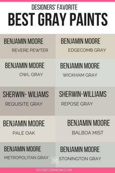 the best gray paint colors for walls and floors in different shades, with text overlaying them