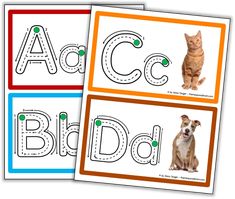 three matching cards with letters and pictures of cats, dogs, and dog's names