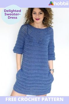 a woman wearing a blue crochet dress with the words, free crochet pattern