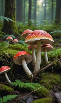 three mushrooms are growing on the mossy ground in front of some trees and ferns