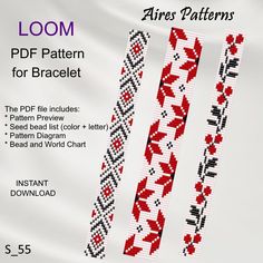 the loom pattern for bracelets is shown in red, black and white colors