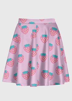 Kawaii Pink Strawberry Skirt - In Control Clothing Strawberry Skirt, Pink Strawberries, Fairy Kei Fashion, Plus Size Kawaii, Kawaii Skirt, Kei Fashion, Strawberry Pattern, Denim Hoodie, Pink Strawberry