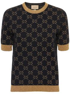 Gucci - Gg supreme cotton & lurex knit sweater - Blue/Gold | Luisaviaroma Half Sleeve Sweater, Lurex Knit, Versace Brand, All Over Pattern, Blue Jumper, Jacquard Knit, Shearling Jacket, Knit Jumper, Knitwear Women