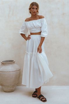 Annabelle Boho Linen Maxi Skirt Luxury Bohemian Style Flowy Skirt, Linen Maxi Skirt, Sorority Rush Dresses, Linen Crop Top, Bachelorette Dress, Casual Bodysuit, Rush Dresses, Linen Crops, Off Shoulder Crop Top