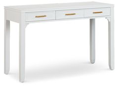 a white desk with two drawers and gold handles on the top, against a white background