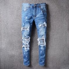 Find many great new & used options and get the best deals for Mens Retro Ripped Slim Pleated Denim Jeans Classic Motorcycle Style Blue Stretch at the best online prices at eBay! Free shipping for many products! Ripped Biker Jeans, Biker Denim, Biker Pants, Ripped Jeans Men, Biker Jeans, Slim Denim, Motorcycle Style, Distressed Denim Jeans