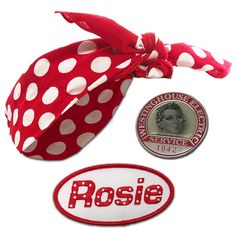 a red and white polka dot headband with a patch next to it that says rosie