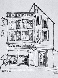 a black and white drawing of a building with shutters on the windows, in front of an awning