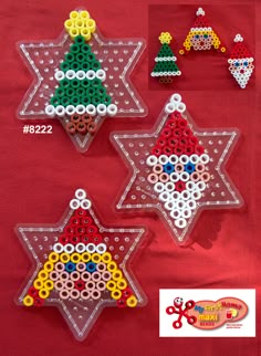 three christmas ornaments made out of beads on a red background with the words bead star written below them