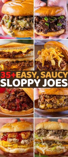 the cover of 35 + easy, saucy sloppy joes with pictures of different sandwiches