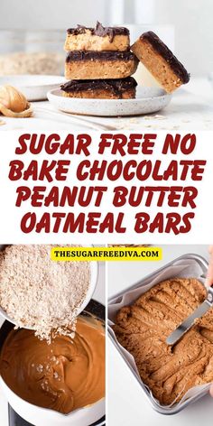 sugar free no bake chocolate peanut butter oatmeal bars with text overlay