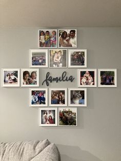 a wall with many pictures hanging on it and the word amelie written in cursive writing