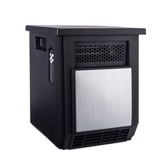 a black and silver computer tower with a metal panel on the front, sitting upright against a white background