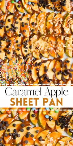 caramel apple sheet pan with chocolate and sprinkles on top is shown