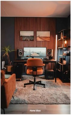 a living room filled with furniture and a flat screen tv sitting on top of a wooden wall