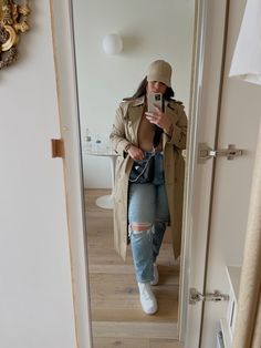 Trench jacket with hat and sneakers outfit Trench Outfit, Mirror Selfie