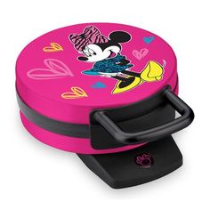 a pink and black mickey mouse lunch box with handle on the lid, sitting in front of a white background