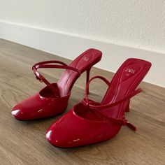 New, Never Worn. Size: European 38, Us 7 1/2 Heel:4,5 Inch Chic Red Heels With 4-inch Heel, Red Pointed Toe Heels For Spring, Chic Red Closed Toe Heels, Spring Red Pointed Toe Heels, Red Heels With Sculpted Heel, Chic Red Open Heel Heels, Red High Heel Shoes With Branded Heel Counter, Red Heels For Spring Evening, Red Heels For Evening In Spring