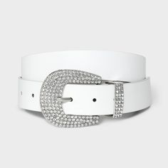 White faux-leather belt from Wild Fable™. Designed with a rhinestone-studded buckle closure and belt loop. Features 36-inch length with multiple holes for a customizable fit. If you're not satisfied with any Target Owned Brand item, return it within one year with a receipt for an exchange or a refund. Wild Fable™: A look for every story. Western Belt Outfit, Western Belts Outfit, Belt Outfit, Denim And Diamonds, White Tights, Zach Bryan, Western Belt, Branded Belts, Faux Leather Belts