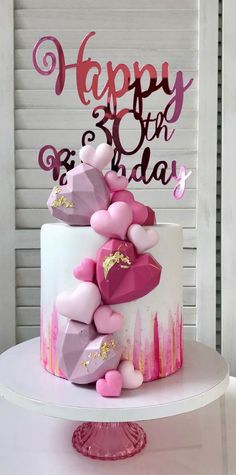 a birthday cake with pink and gold decorations