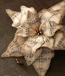 an ornament made out of sheet music with bells on it's side